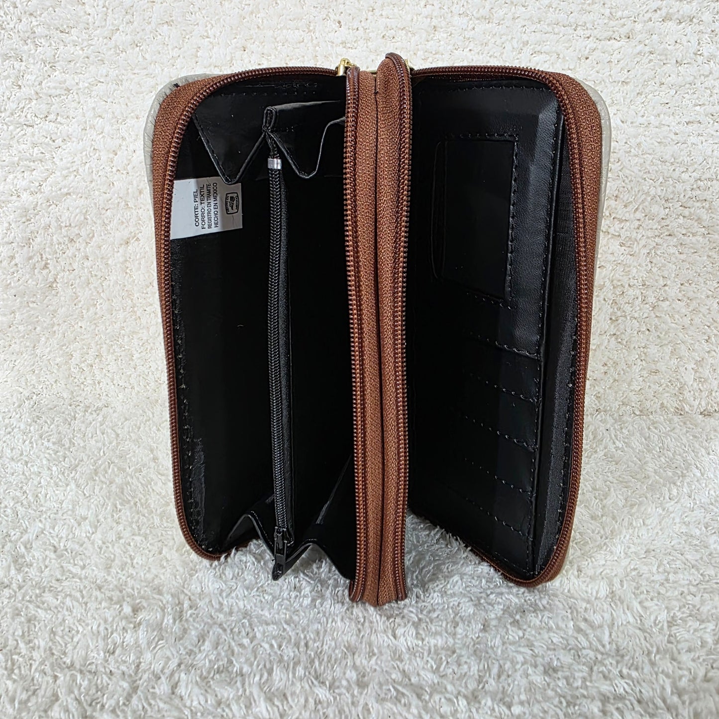 Stone Gray Floral Embossed Leather Double Zip Wallet