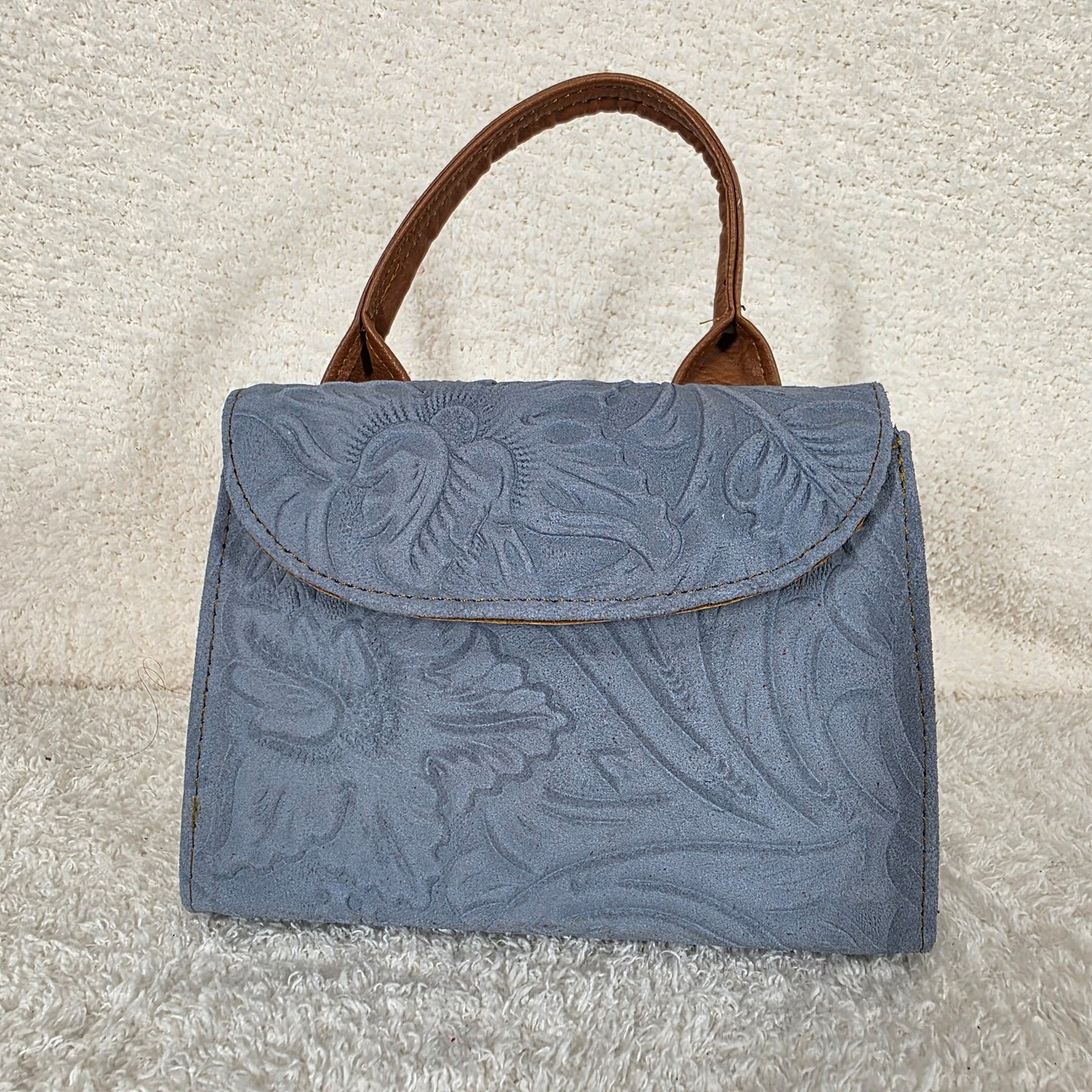 Light Blue Floral Embossed Leather Mini Bag with Detachable Strap