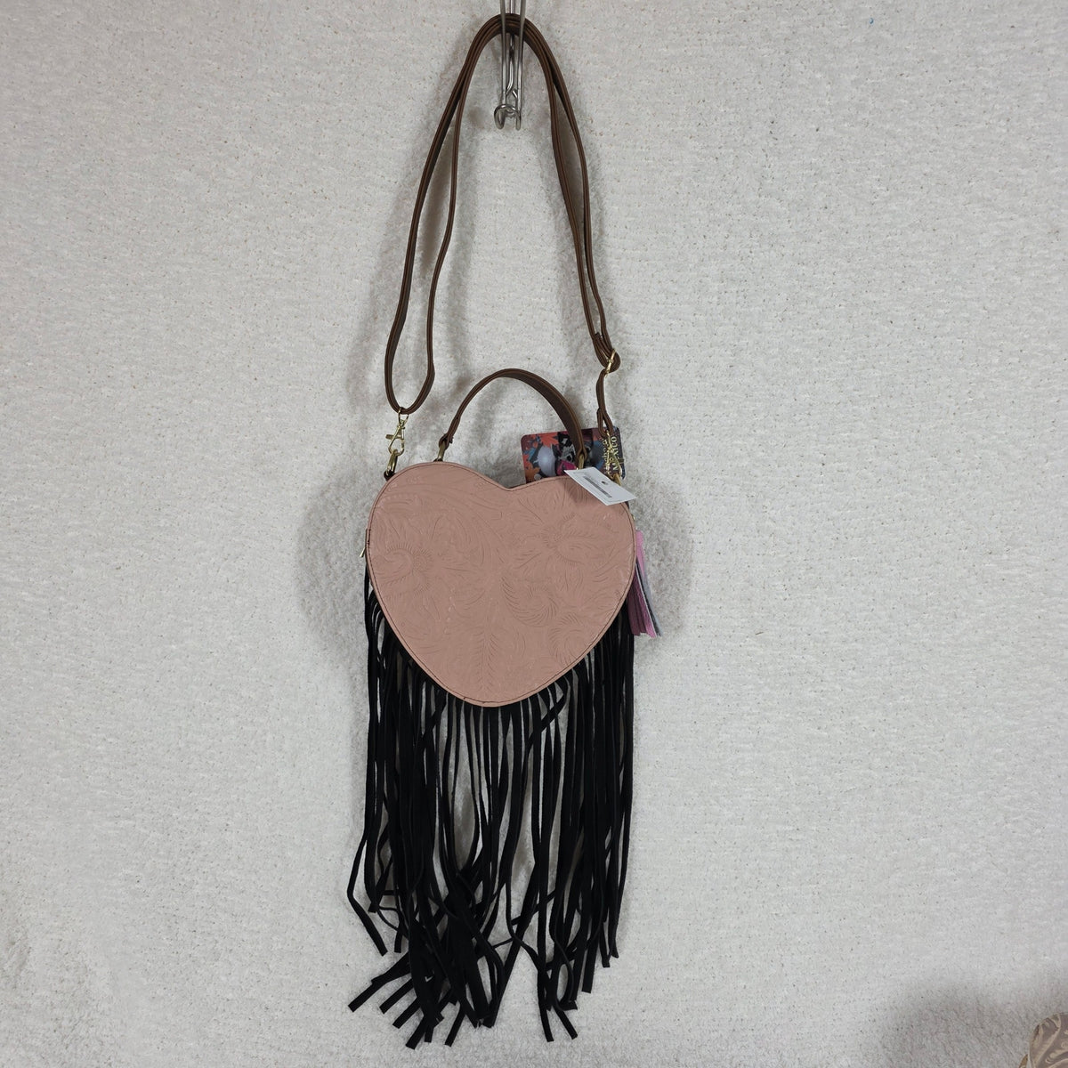 Mexican Tooled Pink Embroidered Leather Heart-Shaped with Fringe Crossbody Bag