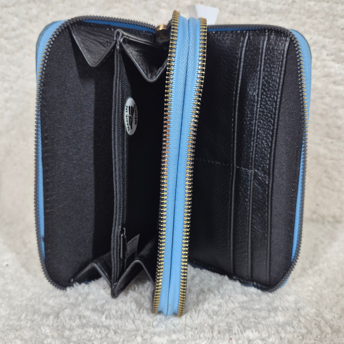Steel Blue Leather Double Zip Bifold Wallet | Handmade in Mexico