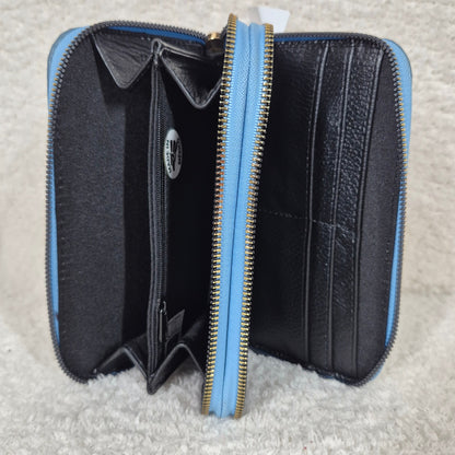 Steel Blue Leather Double Zip Bifold Wallet | Handmade in Mexico