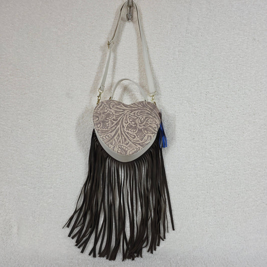 Mexican Tooled White Leather Heart-Shaped Fringe Crossbody Bag