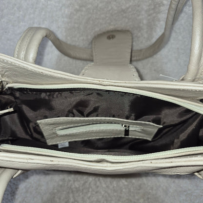 Handcrafted Mexican Pearl White Calfskin Leather Handbag with Whipstitch Detail