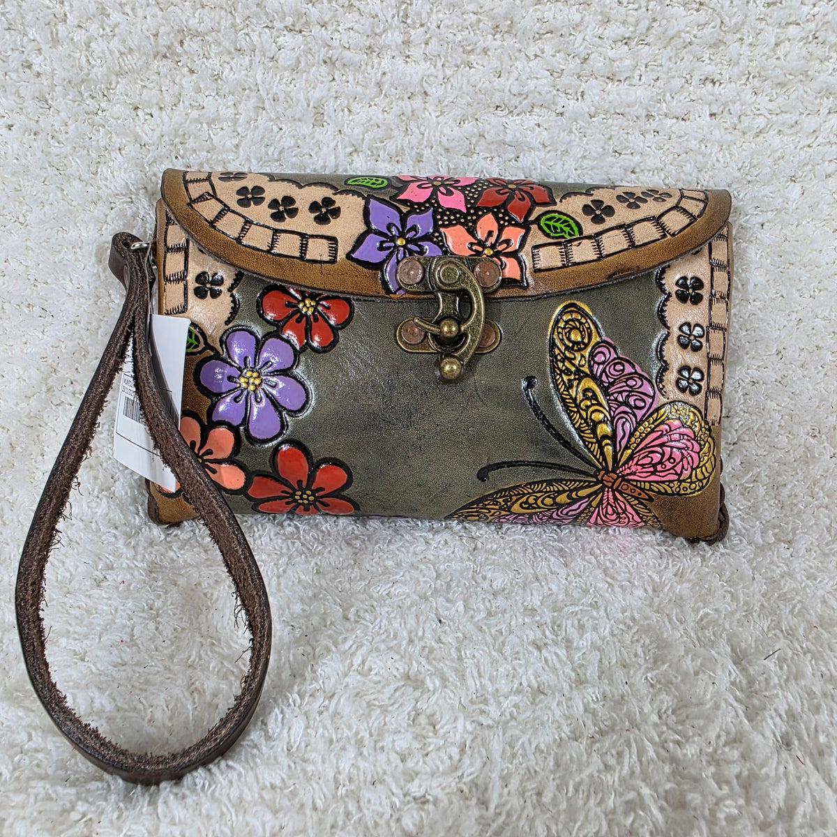 Mexican Hand-Tooled Leather Butterflies & Flowers Olive Green Clutch Wristlet Bag