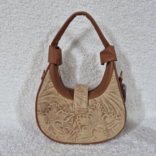 Crescent Shaped Light Beige Floral Tooled Leather Bag