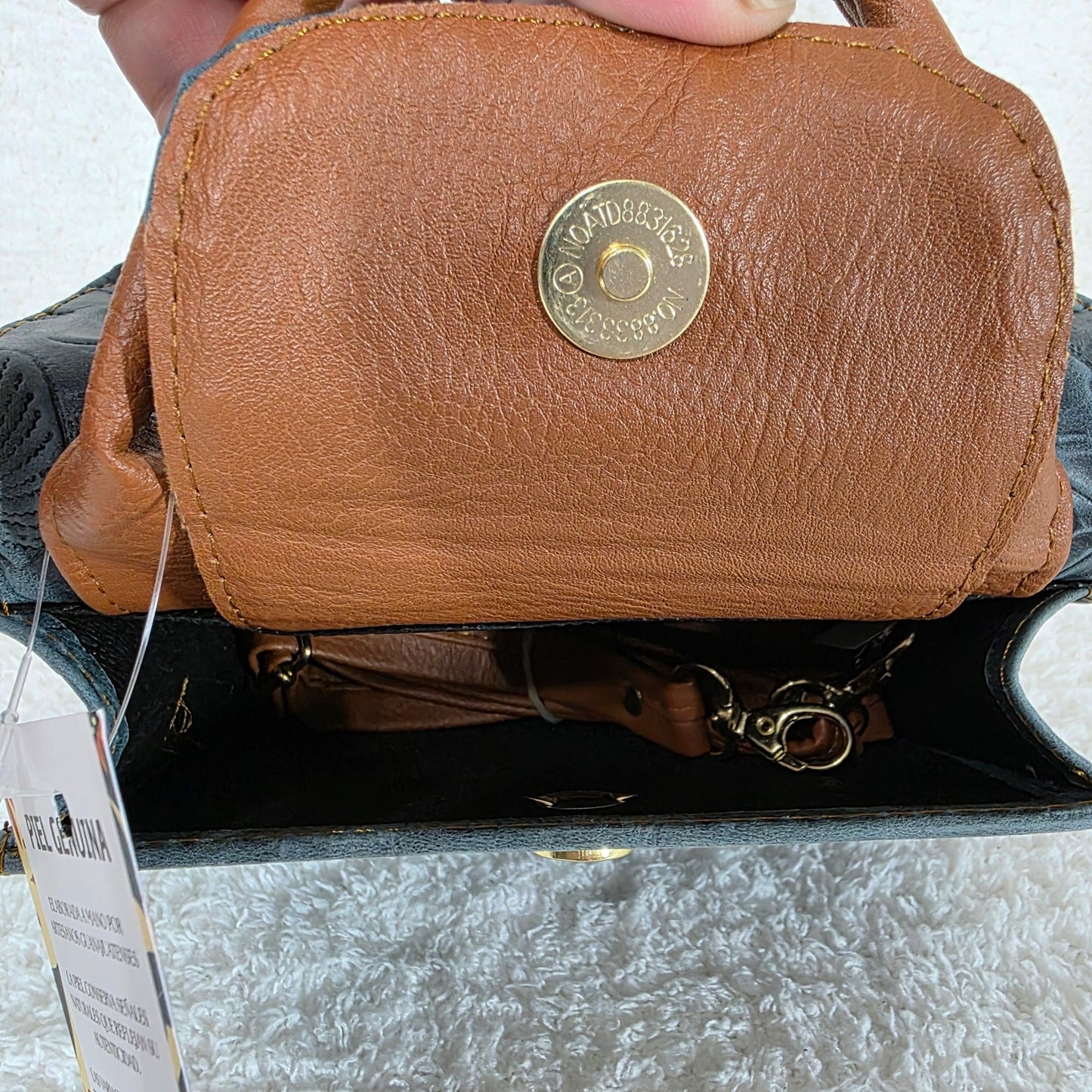 Teal Green Floral Embossed Leather Mini Bag with Detachable Strap