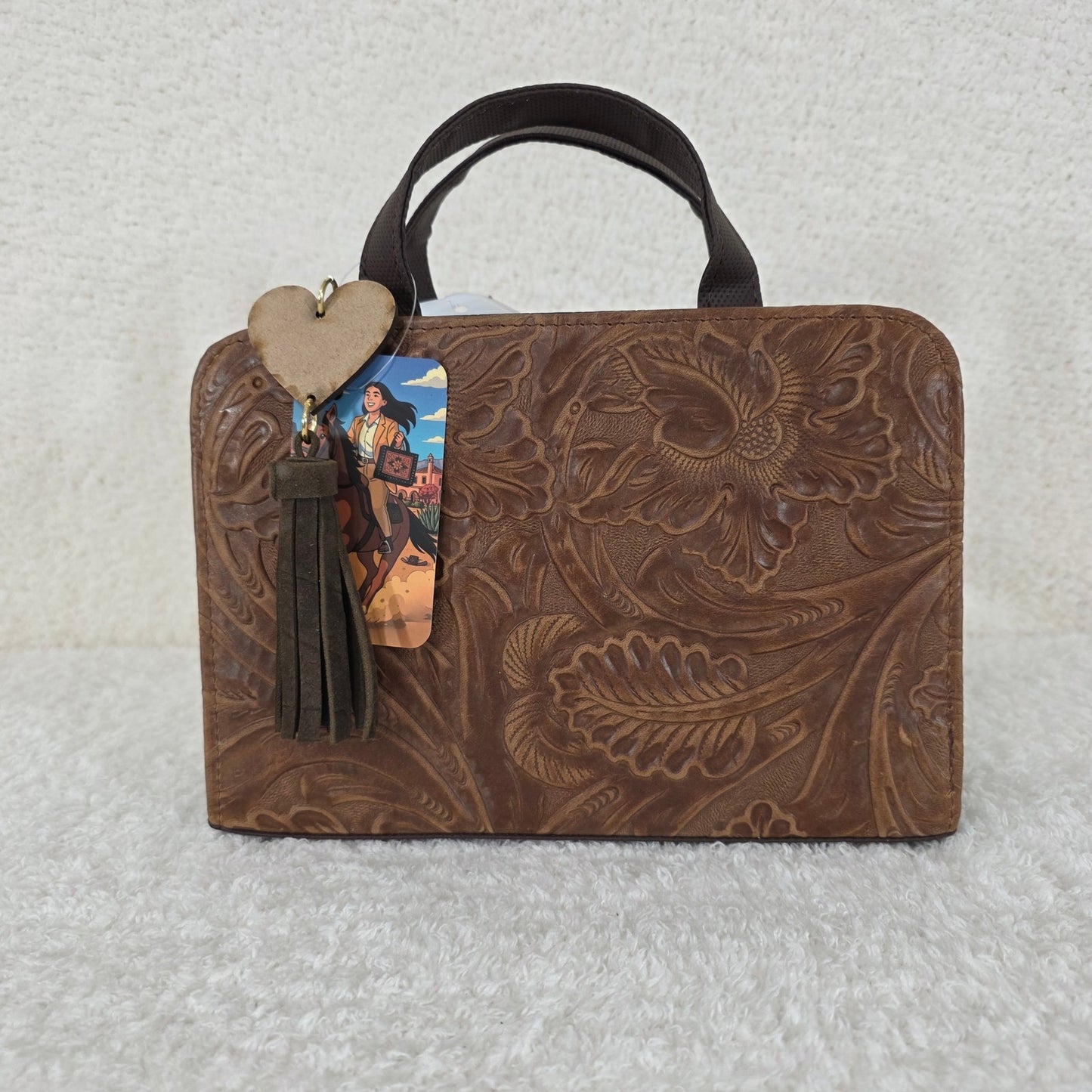 Honey Brown Floral Embossed Leather & Vegan Leather Crossbody Bag