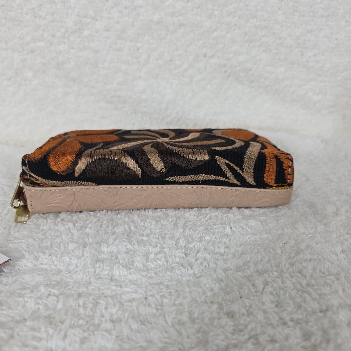 Mocha Floral Embossed & Chiapas Loom Leather Double Zip Wallet