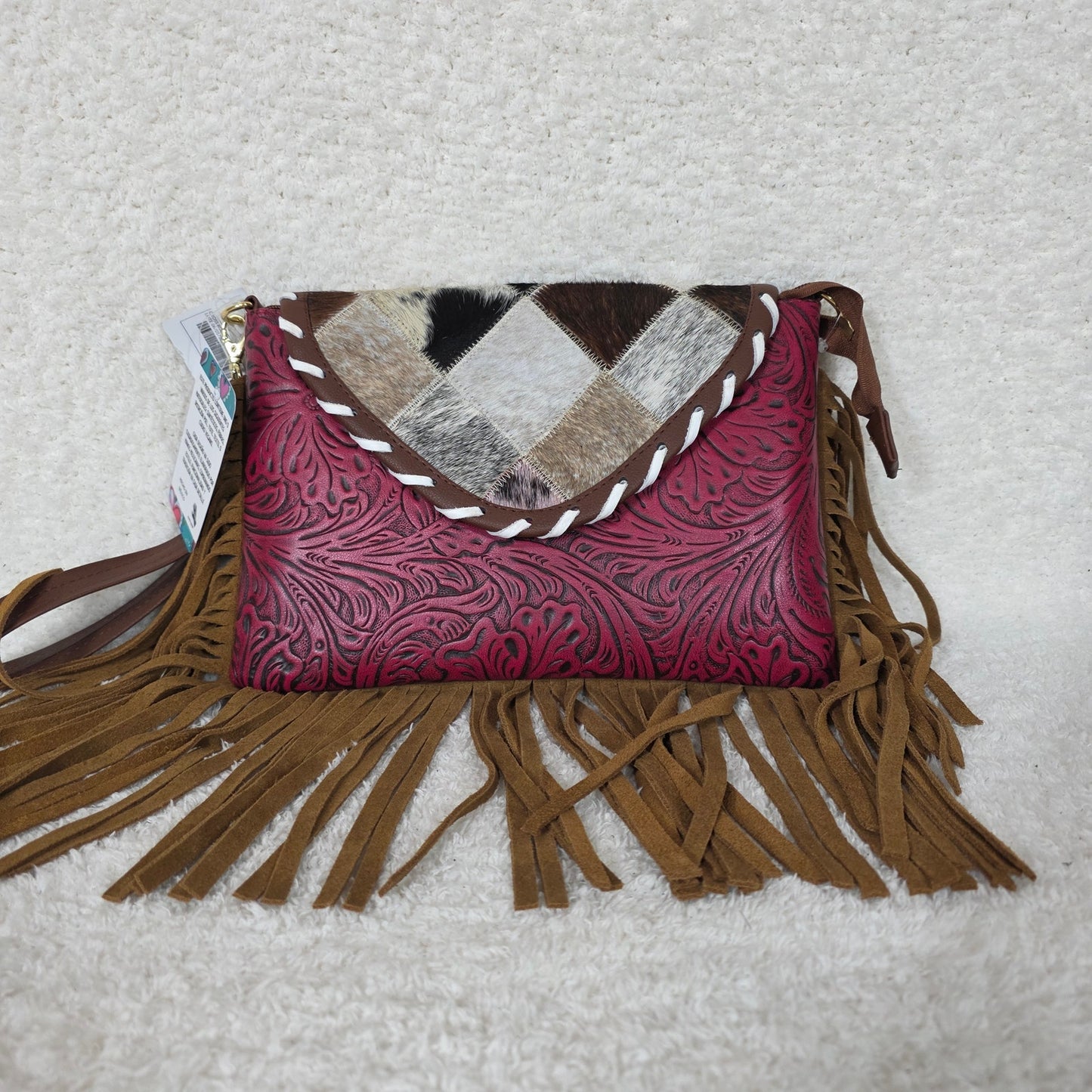 Mexican Red Floral Embossed Leather & Patchwork Cowhide Fringe Crossbody Bag