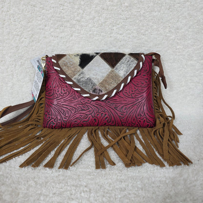 Red Floral Embossed Leather & Patchwork Cowhide Fringe Crossbody Bag — Handmade in Mexico