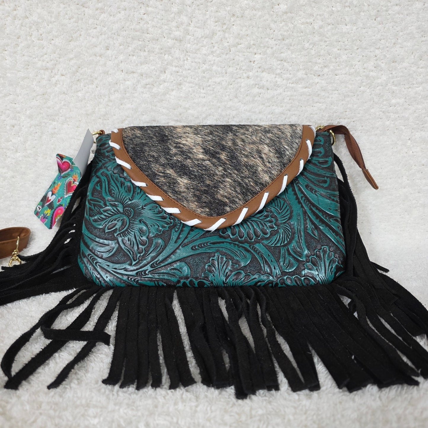 Mexican Green Floral Embossed Leather & Patchwork Cowhide Fringe Crossbody Bag