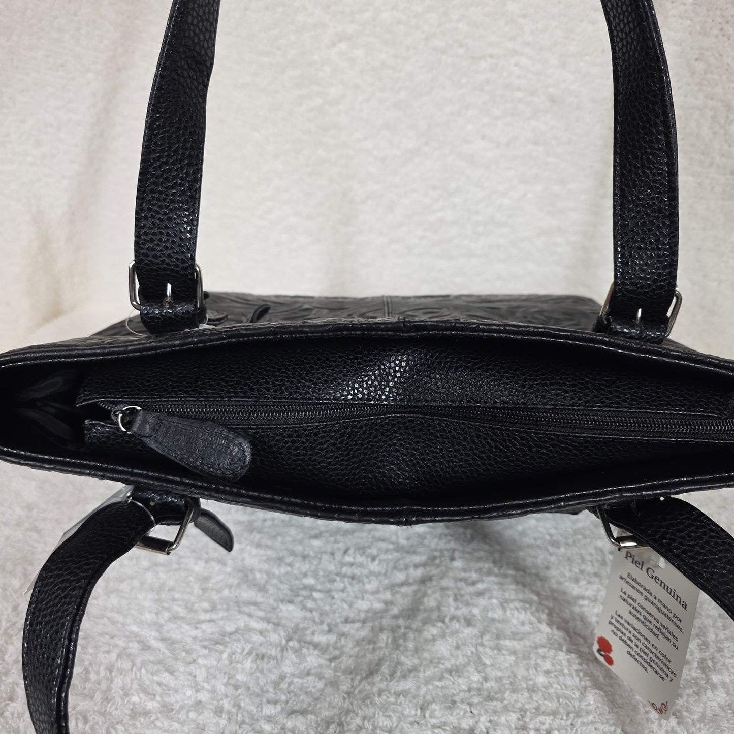Handcrafted Mexican Black Floral Embossed Leather Tote Bag