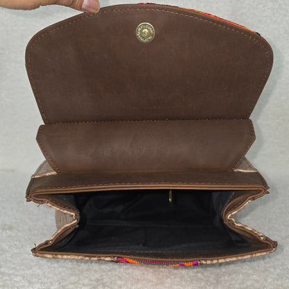 Artisanal Embroidered Chiapas Loom & Embossed Tan Vegan Leather Backpack