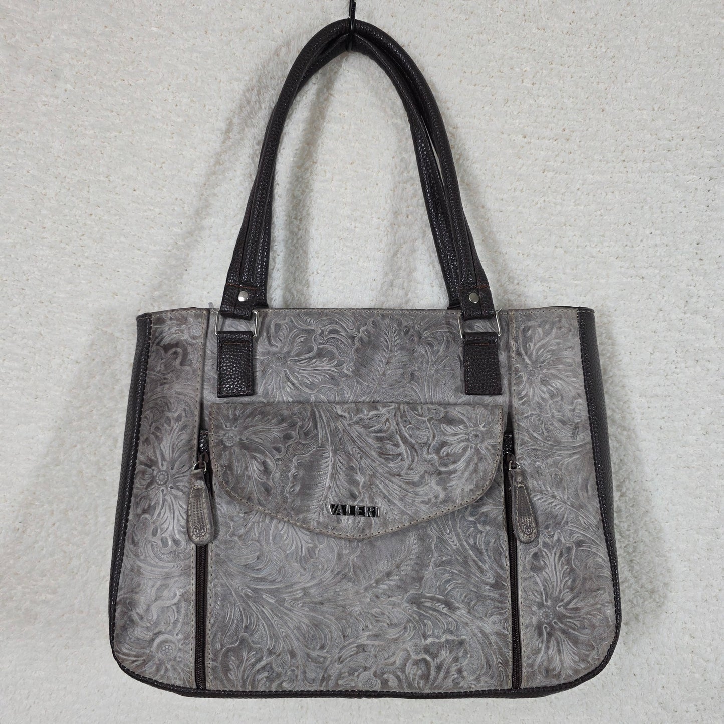 Handcrafted Mexican Brown Floral Embossed Leather Tote Bag with Front Pocket
