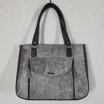 Brown Floral Embossed Genuine Leather Tote Bag with Front Flap Pocket — Handmade in León, Mexico