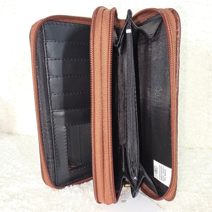 Brown Floral Embossed Leather Double Zip Wallet