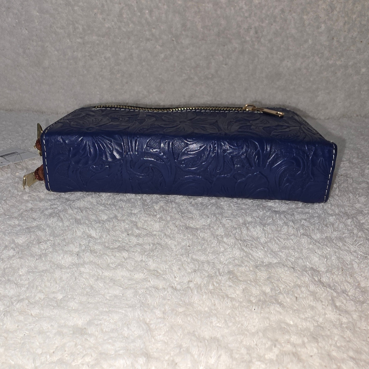 Blue Floral Embossed Leather Double Zip Wallet