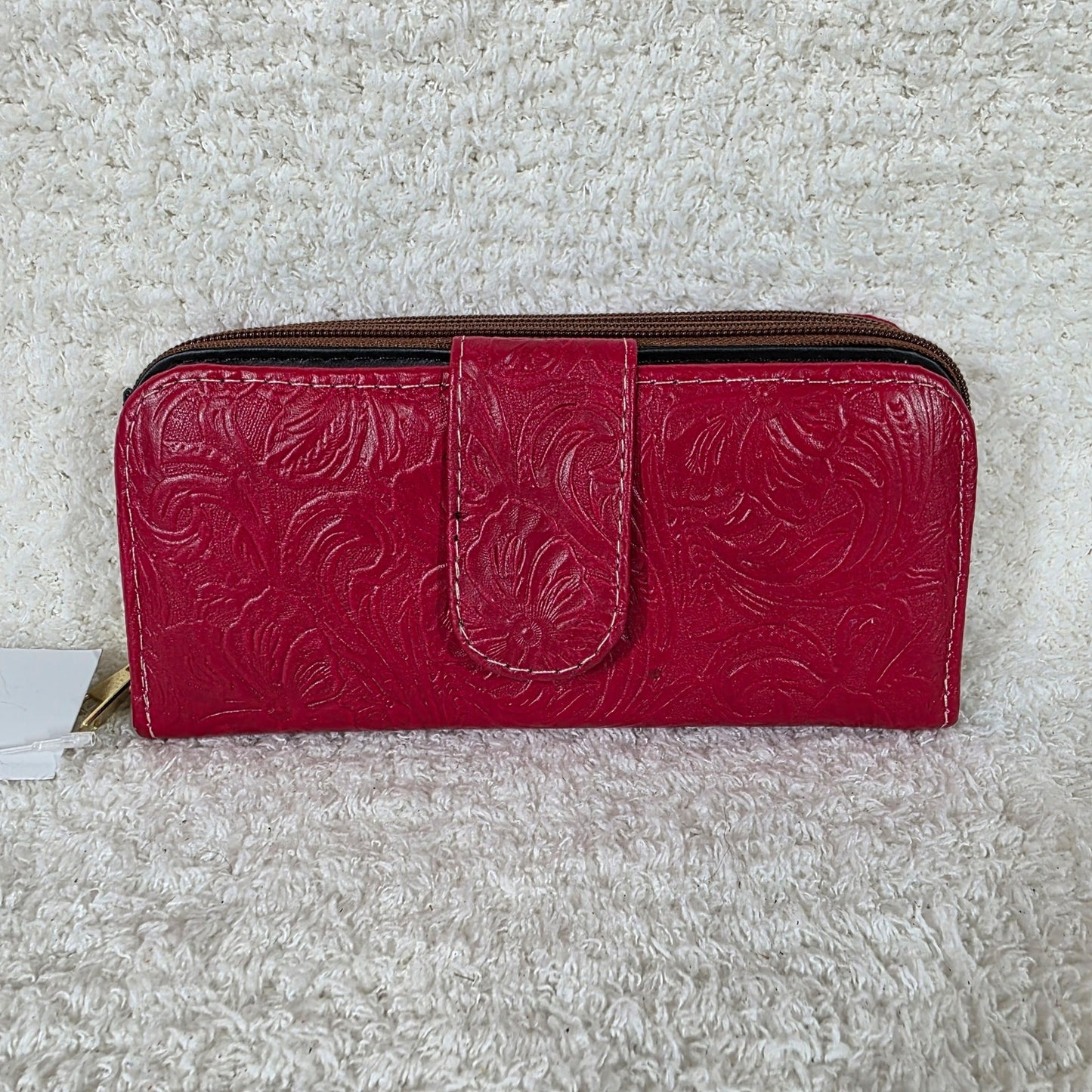 Red Floral Embossed Leather Tab Closure Wallet