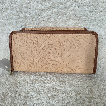 Light Peach Floral Embossed Leather Convertible Wallet Crossbody with Brown Trim