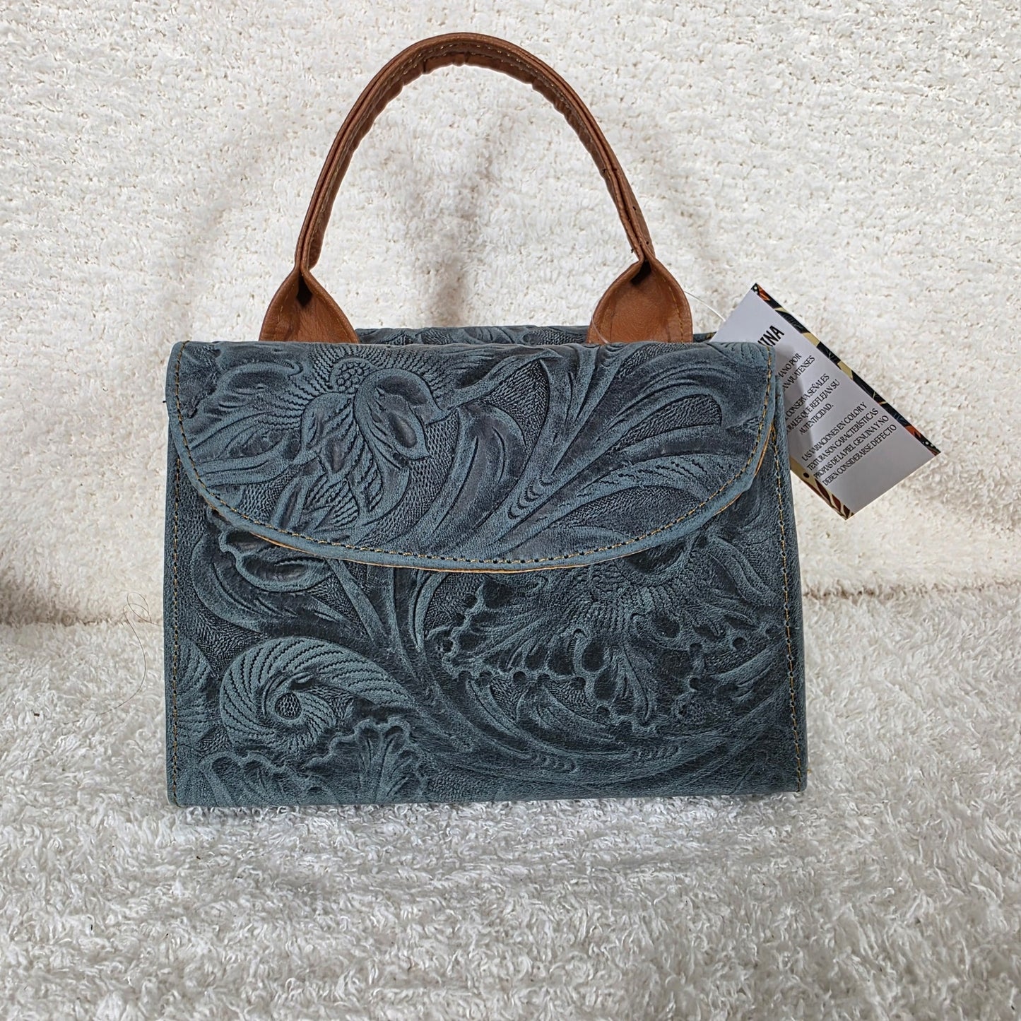Teal Green Floral Embossed Leather Mini Bag with Detachable Strap