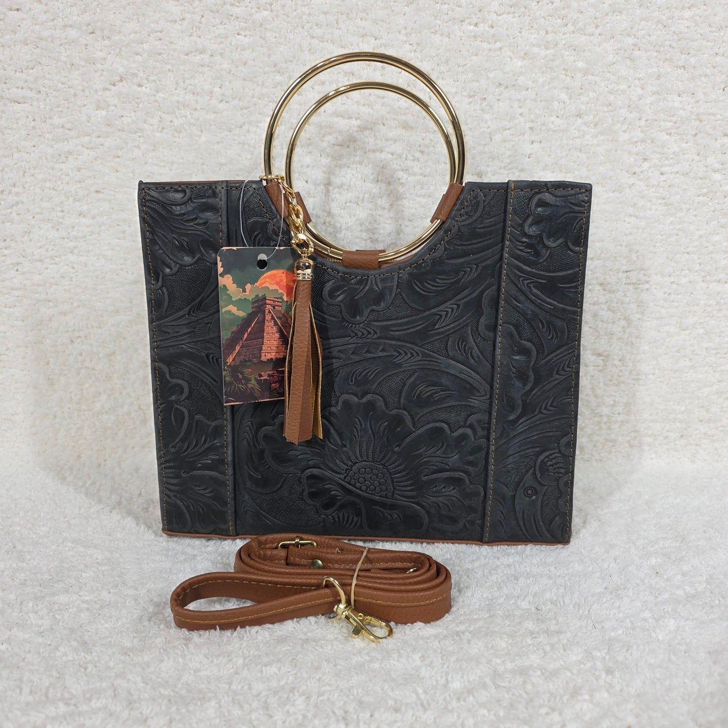 Handcrafted Mexican Ash Black Tooled Leather Handbag with Gold-Tone Ring Handles
