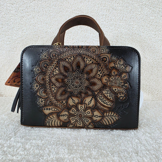 Black & Brown Mandala Embossed & Hand Painted Mexican Vegan Leather Crossbody Handbag