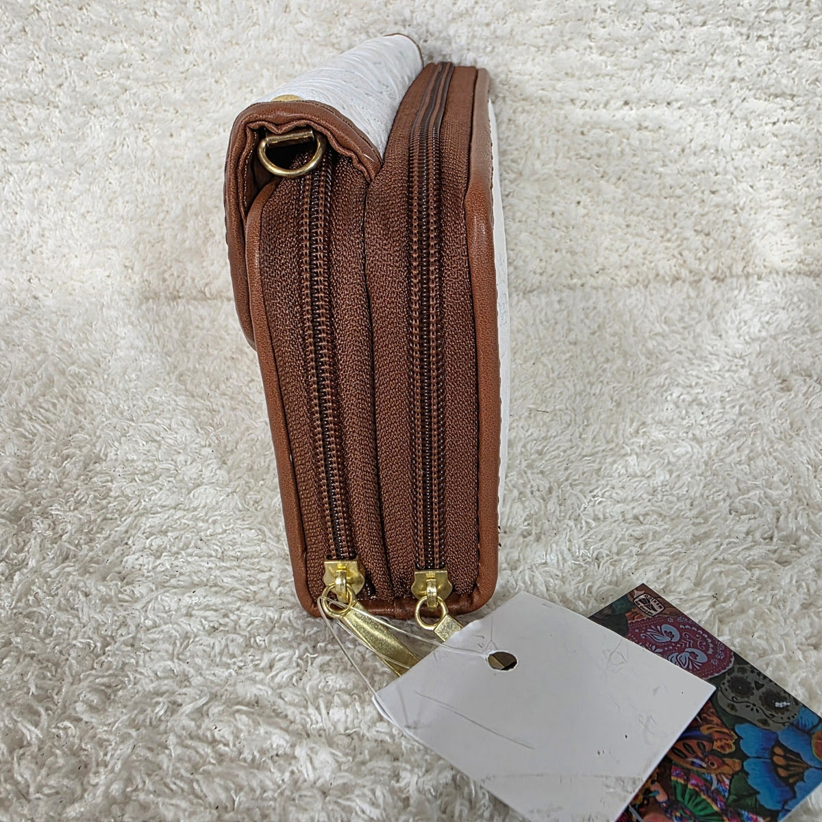 White Floral Embossed Leather Convertible Wallet Crossbody with Brown Trim