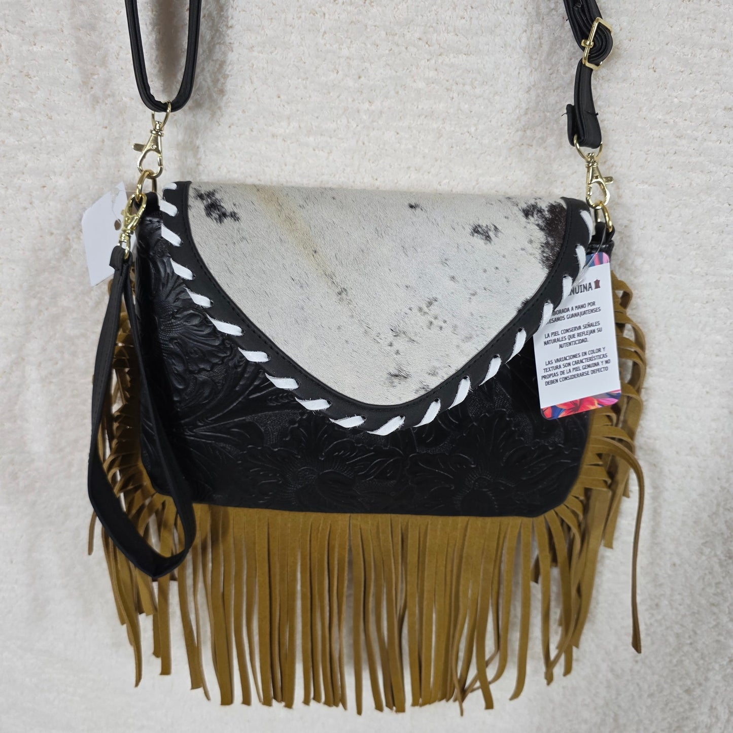 Mexican Black Embossed Tooled Leather & Cowhide Fringe Crossbody Bag