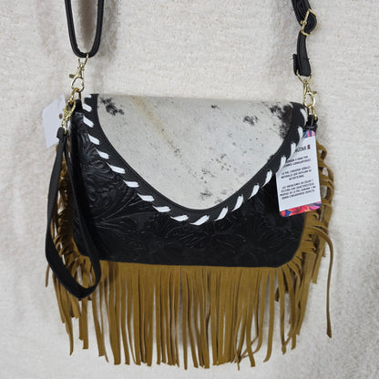 Mexican Black Embossed Tooled Leather & Cowhide Fringe Crossbody Bag