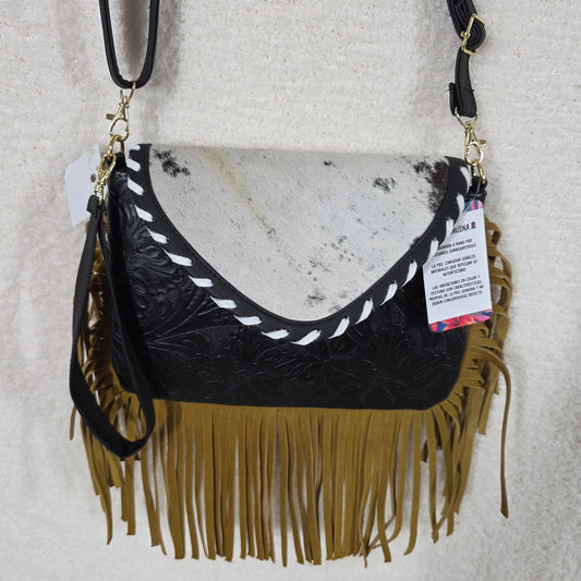 Mexican Black Embossed Tooled Leather & Cowhide Fringe Crossbody Bag