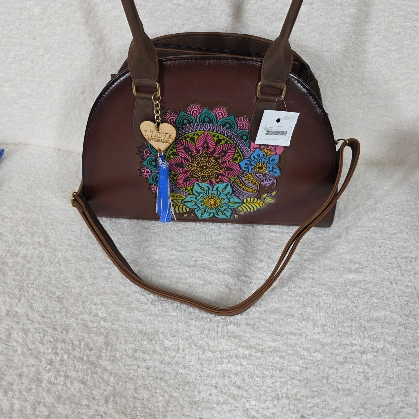 Handcrafted Mexican Brown Vegan Leather Dome Handbag with Colorful Mandala Embossed & Hand Painted Detail