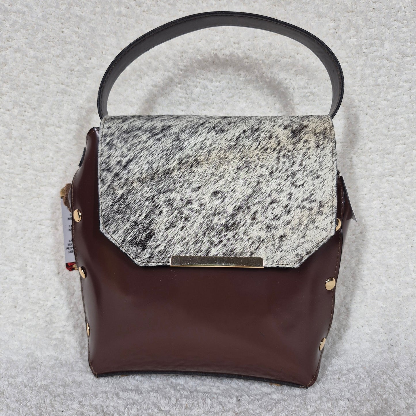 Handcrafted Mexican Brown Leather Handbag with Cowhide Hair-On Flap & Gold-Tone Hardware