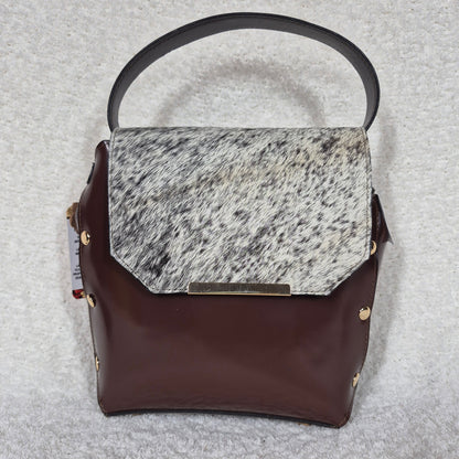 Brown Leather Handbag with Cowhide Hair-On Flap & Gold-Tone Hardware — Handmade in Mexico