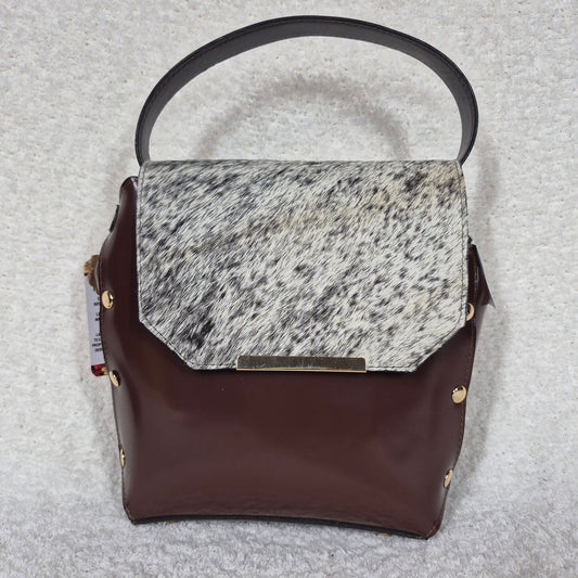 Brown Leather Handbag with Cowhide Hair-On Flap & Gold-Tone Hardware — Handmade in Mexico