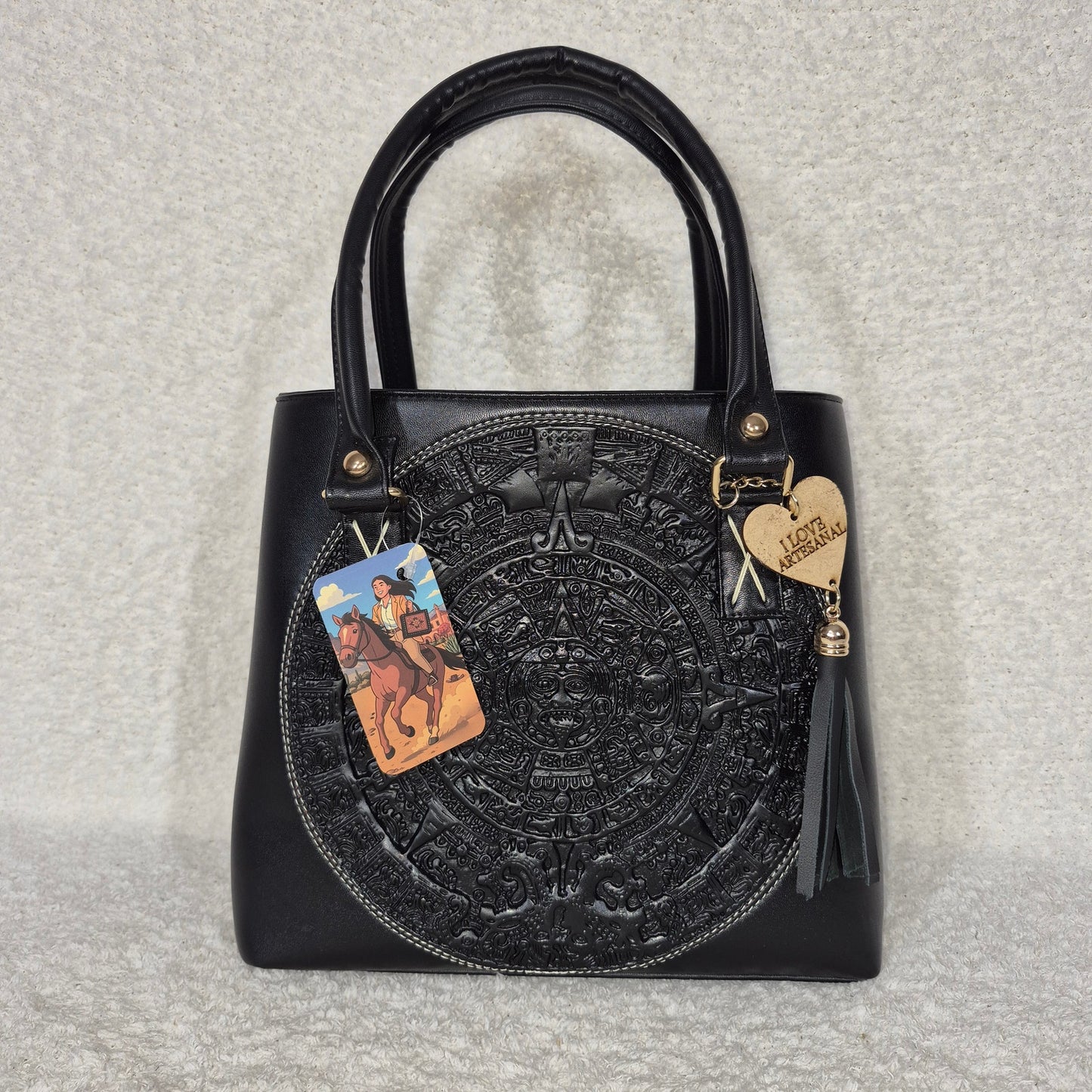 Handcrafted Mexican Black Vegan Leather Trapezoid Handbag with Embossed Aztec Calendar
