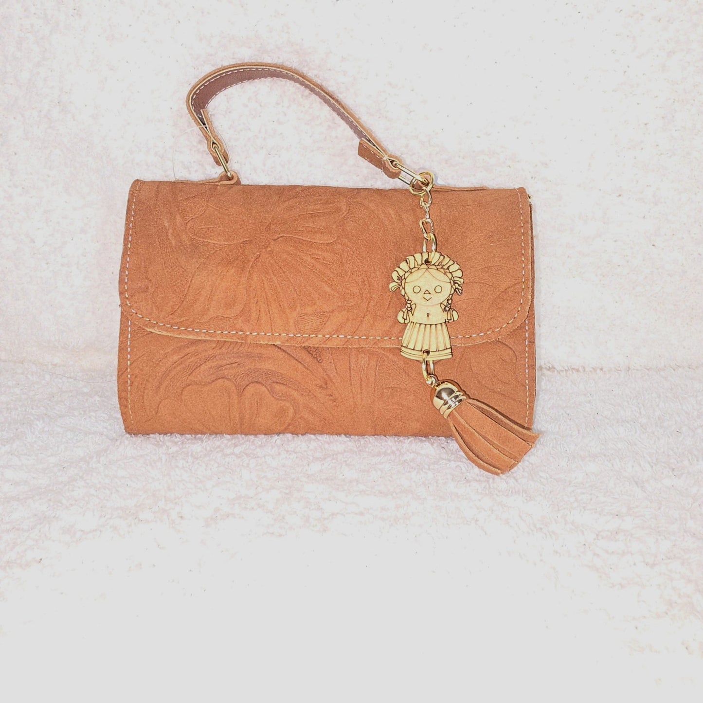 Handcrafted Embossed Floral Design Golden Brown Suede Leather Crossbody Bag