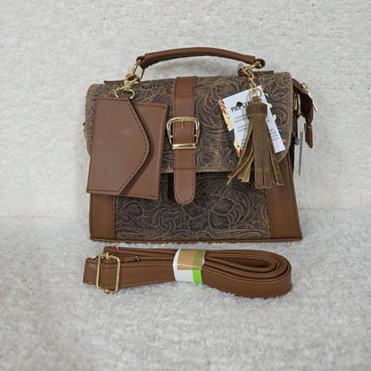 Handcrafted Mexican Floral Embossed Vintage Brown Genuine Leather Top-Handle Bag
