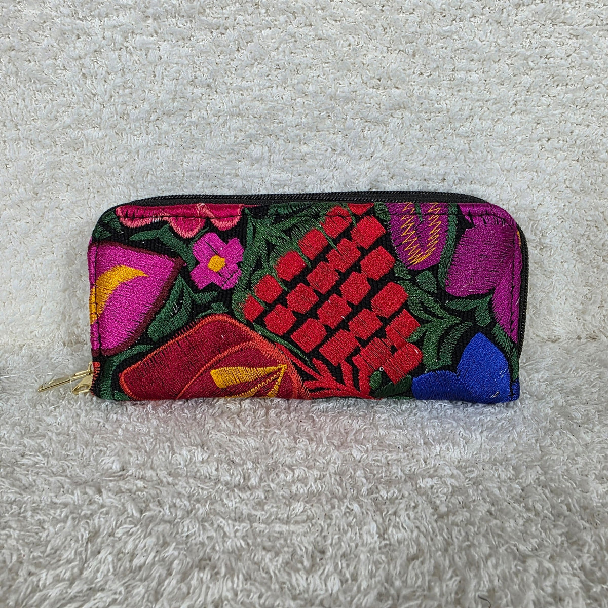 Black Floral Embossed & Chiapas Loom Genuine Leather Double Zip Wallet — Handmade in León