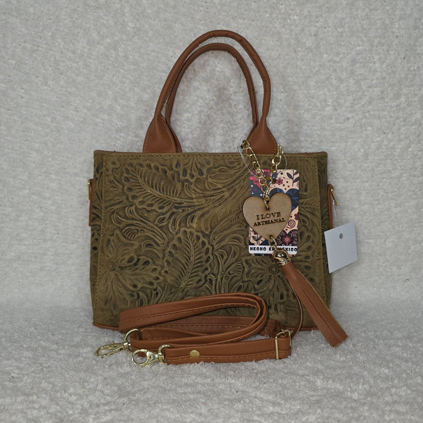 Mexican Handcrafted Moss Green Floral Embossed Leather Mini Tote Bag