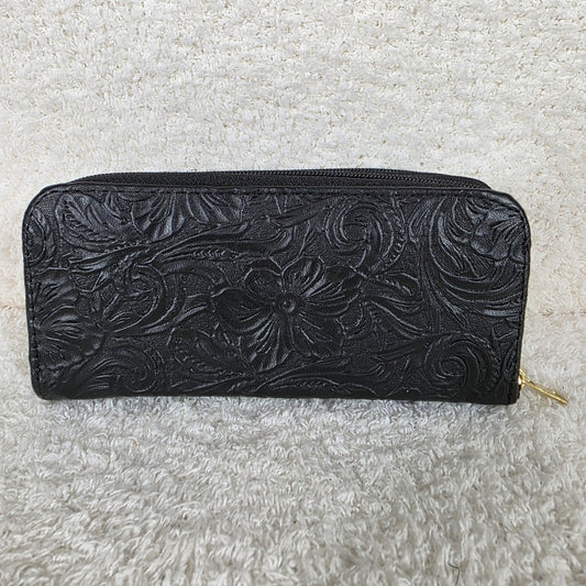 Black Floral Embossed Leather Double Zip Wallet