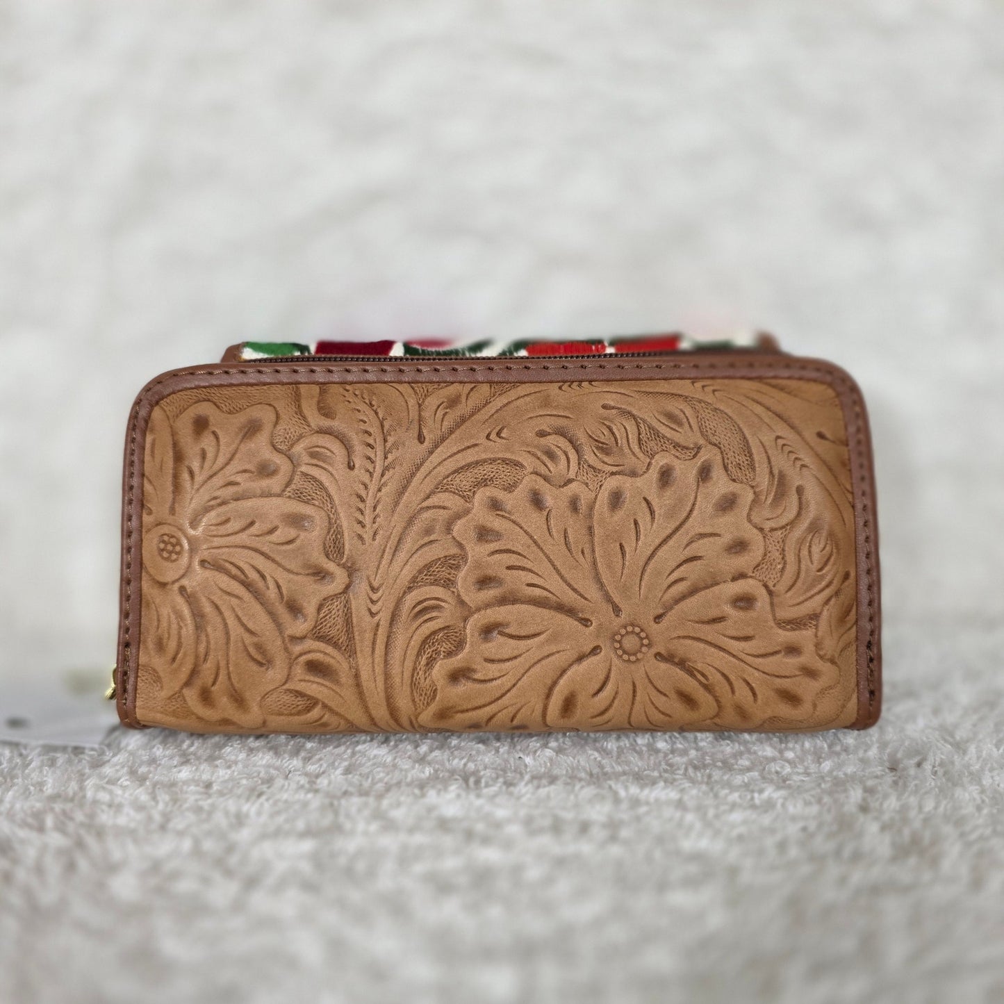 Tan Chiapas Loom & Floral Embossed Leather Convertible Wallet Crossbody with Brown Trim