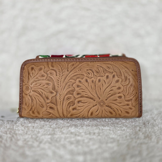 Tan Mexican Handmade Floral Embossed Leather Flap Closure Wallet