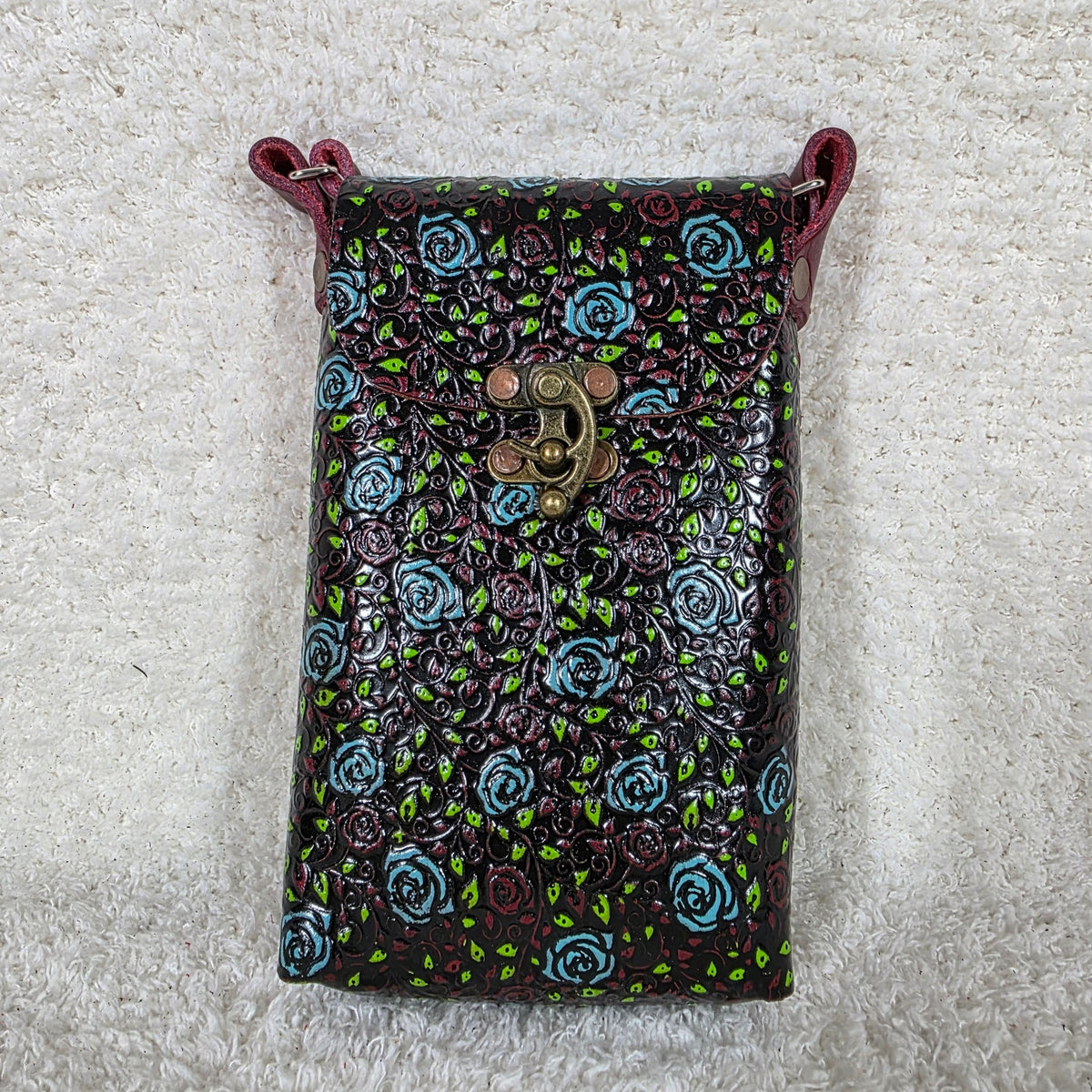 Red Hand Painted Roses Embossed Leather Cell Phone Bag - Handcrafted in Mexico