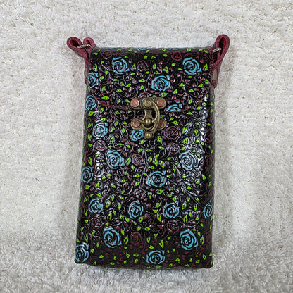 Red Hand Painted Roses Embossed Leather Cell Phone Bag - Handcrafted in Mexico