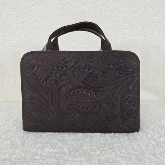 Chocolate Brown Floral Embossed Leather & Vegan Leather Crossbody Bag — Handmade in León, Guanajuato