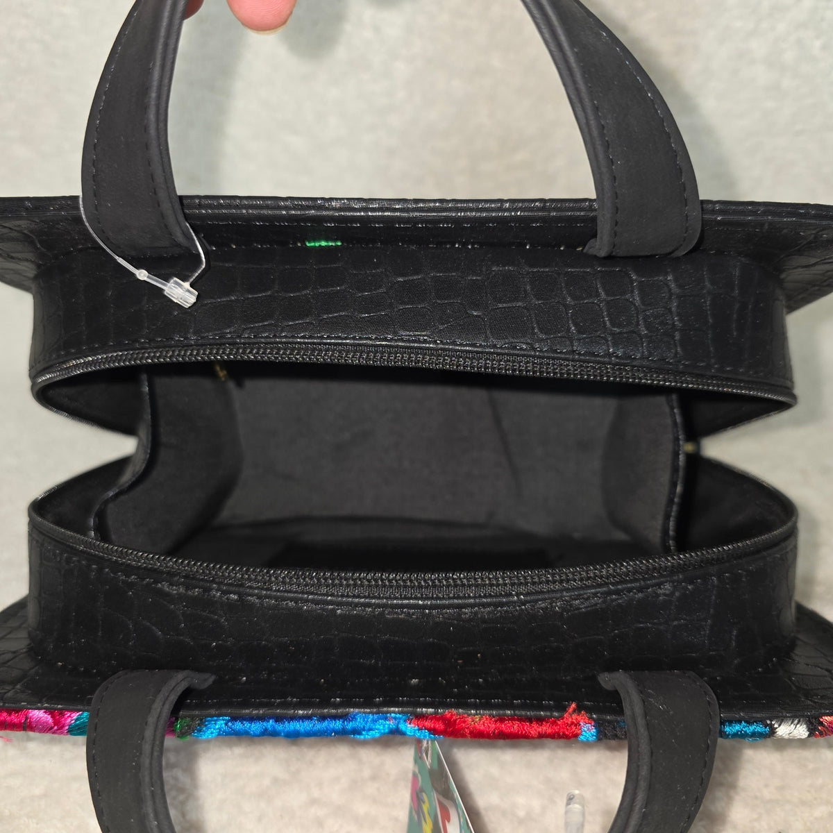 Chiapas Loom Embroidered Black Vegan Leather Crossbody Bag | Top Handle & Detachable Strap