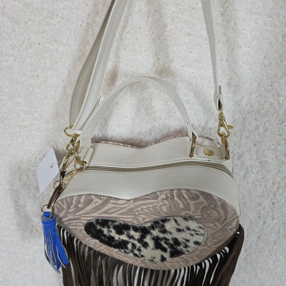 Mexican Tooled White Leather Heart-Shaped Fringe Crossbody Bag