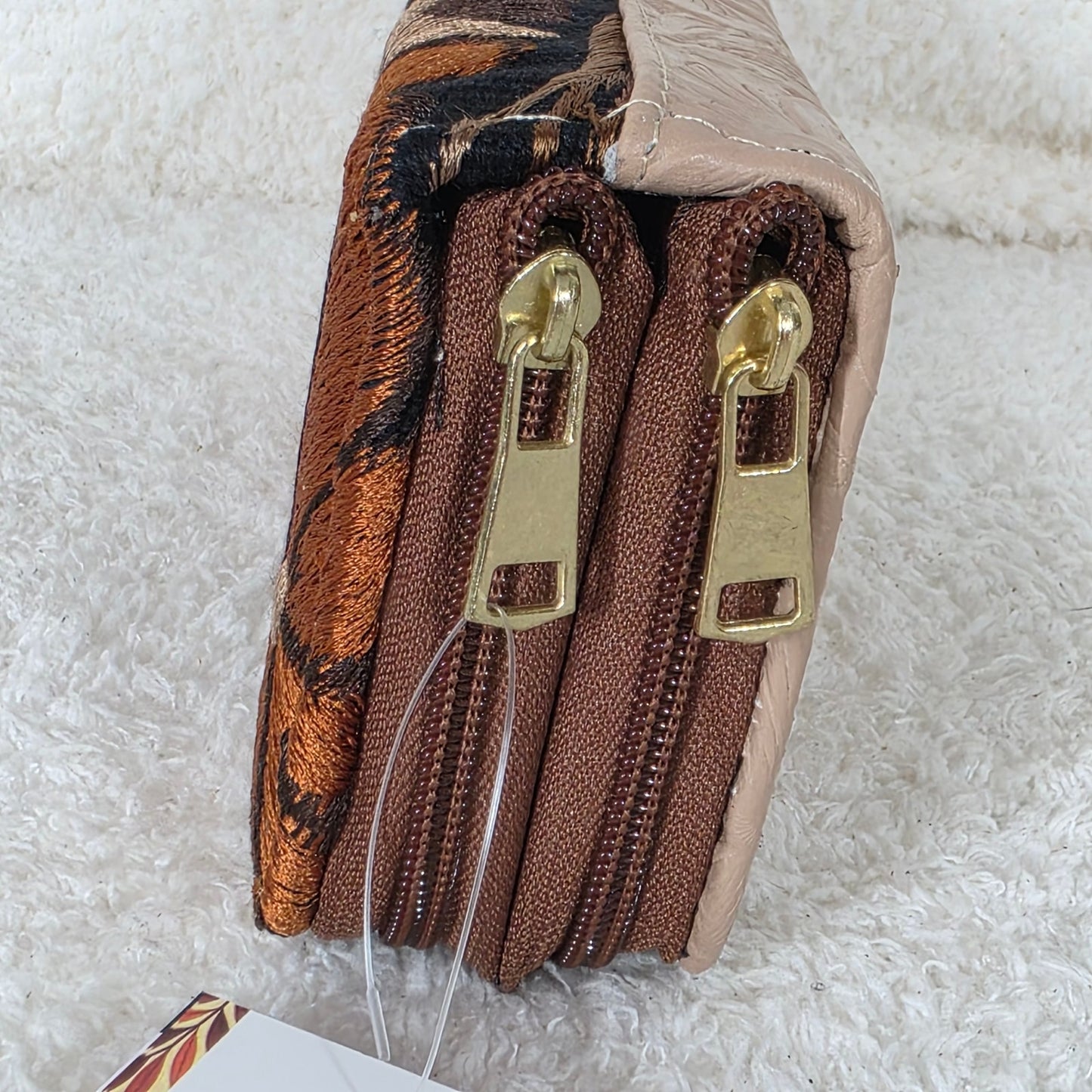 Mocha Floral Embossed & Chiapas Loom Leather Double Zip Wallet
