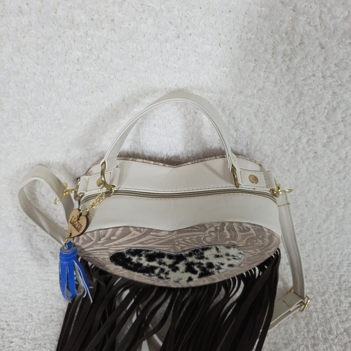 Mexican Tooled White Leather Heart-Shaped Fringe Crossbody Bag