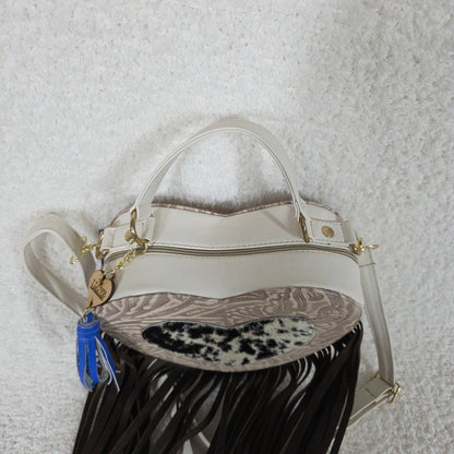 Mexican Tooled White Leather Heart-Shaped Fringe Crossbody Bag